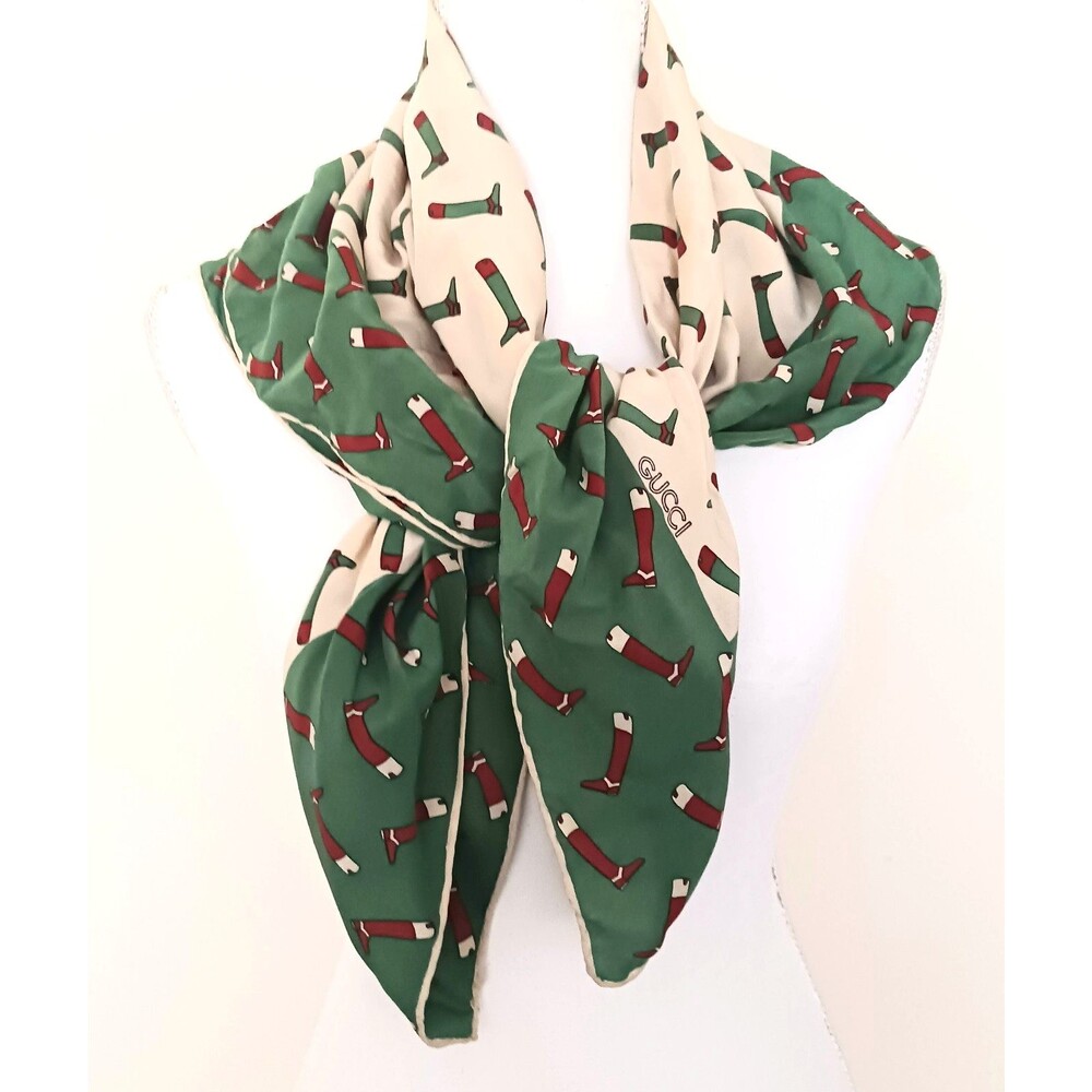 VTG 80s Gucci 100% Silk Scarf Riding Equestrian Print Green/Brown Made in Italy